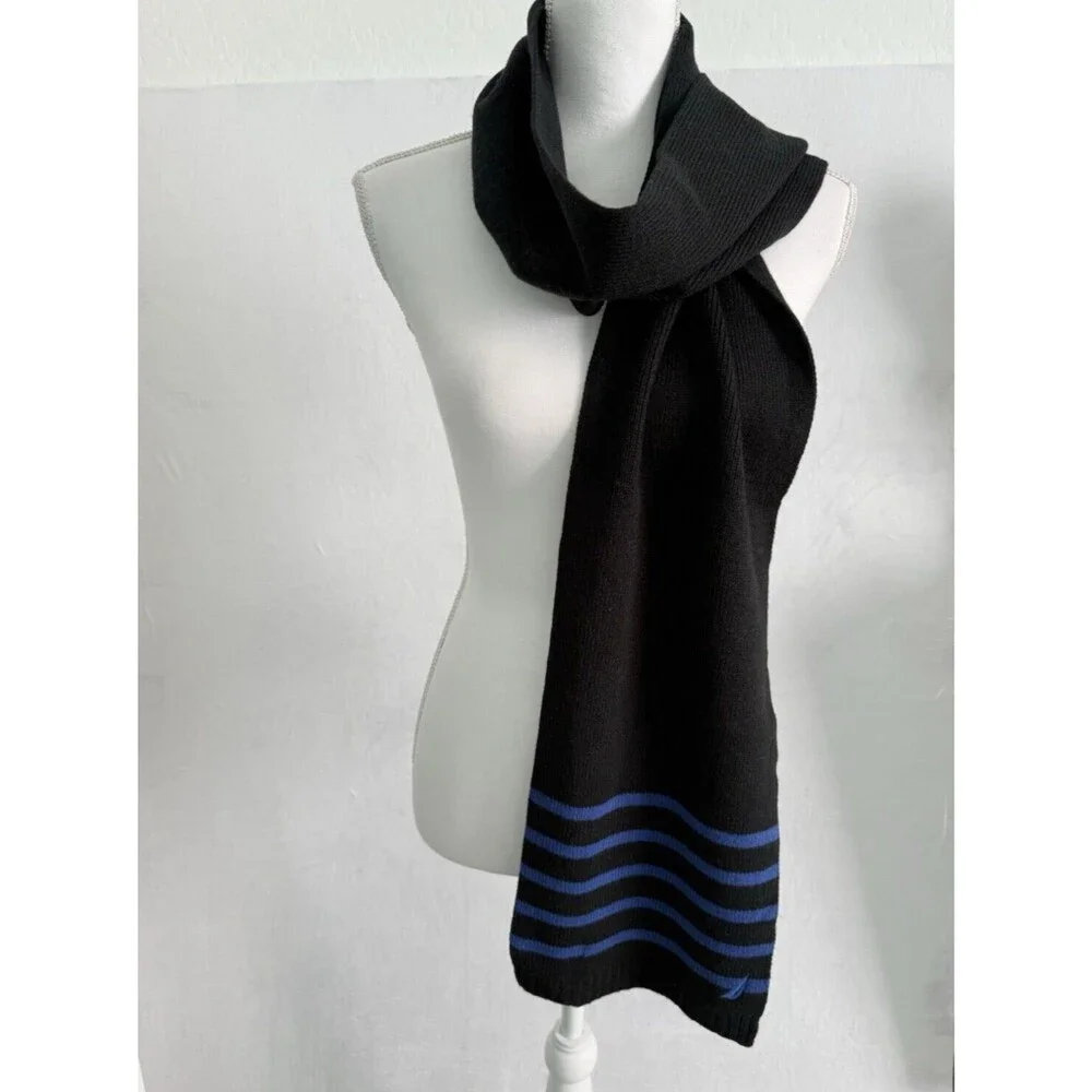 Nautica Men’s Black Blue Striped Knit Scarf Long Logo Winter